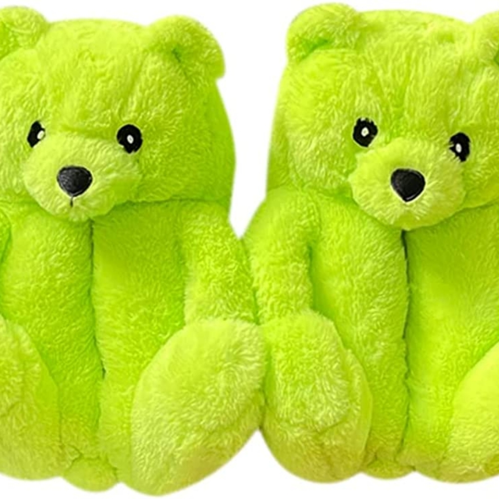 Neon Green Teddy Bear Slippers